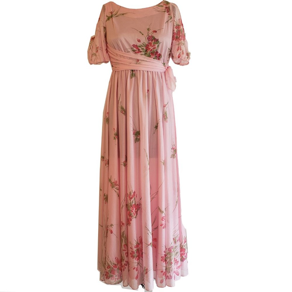Pink Floral Vintage Maxi Dress Small Cold Shoulder Short Sleeves Side Tie